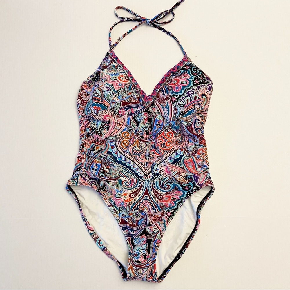 Sold La Blanca Purple Paisley Halter V Neck Tummy Control One Piece Swimsuit - Picture 2 of 8